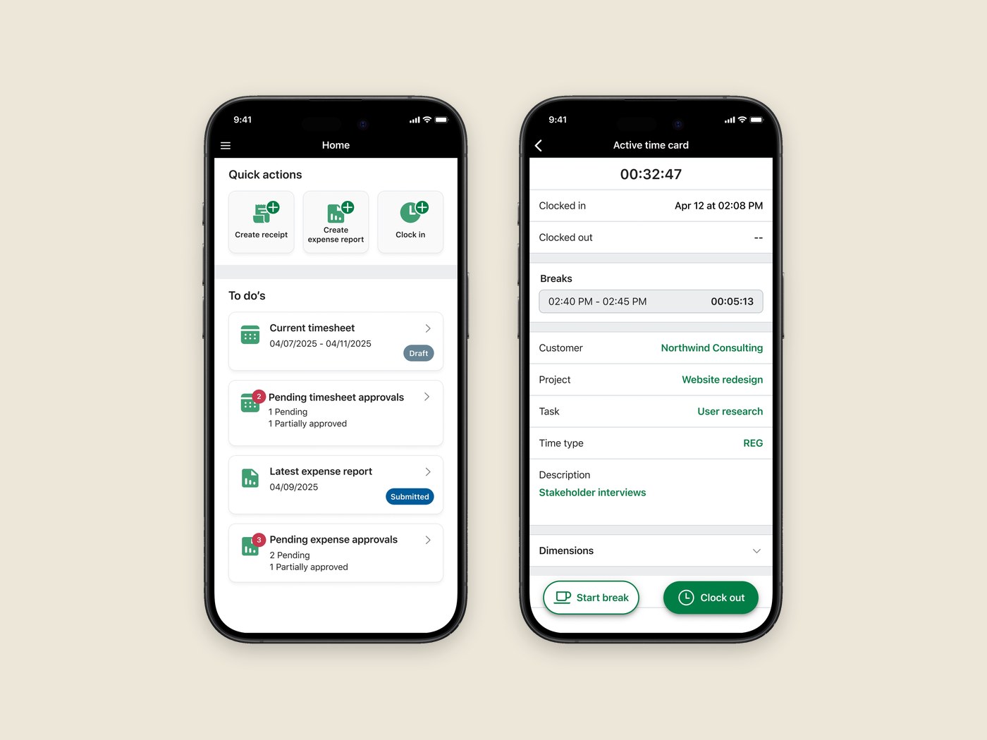 Sage Intacct Mobile — preview showing the launch page and active time card