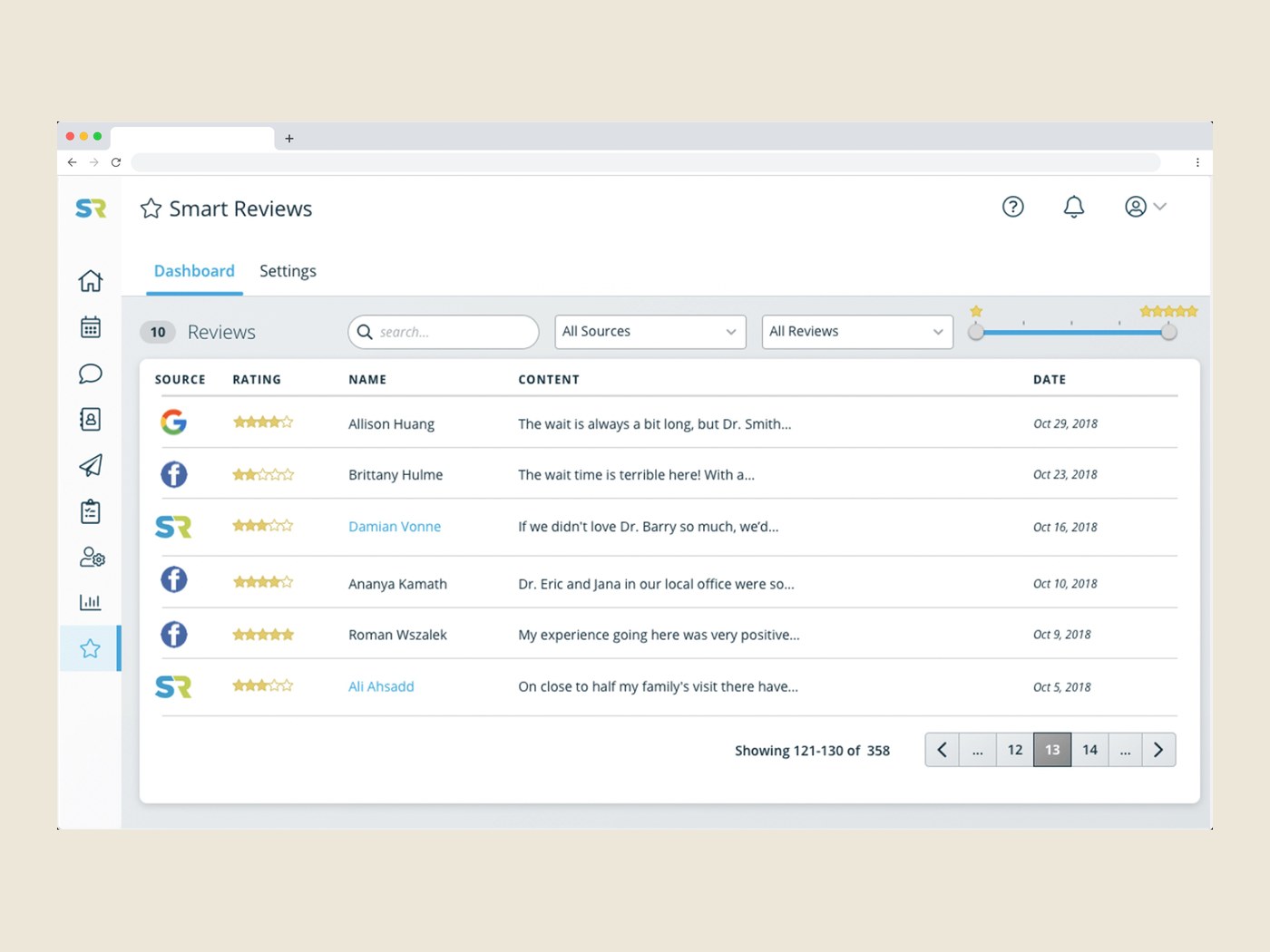 Solutionreach Smart Reviews — preview of the patient reviews dashboard