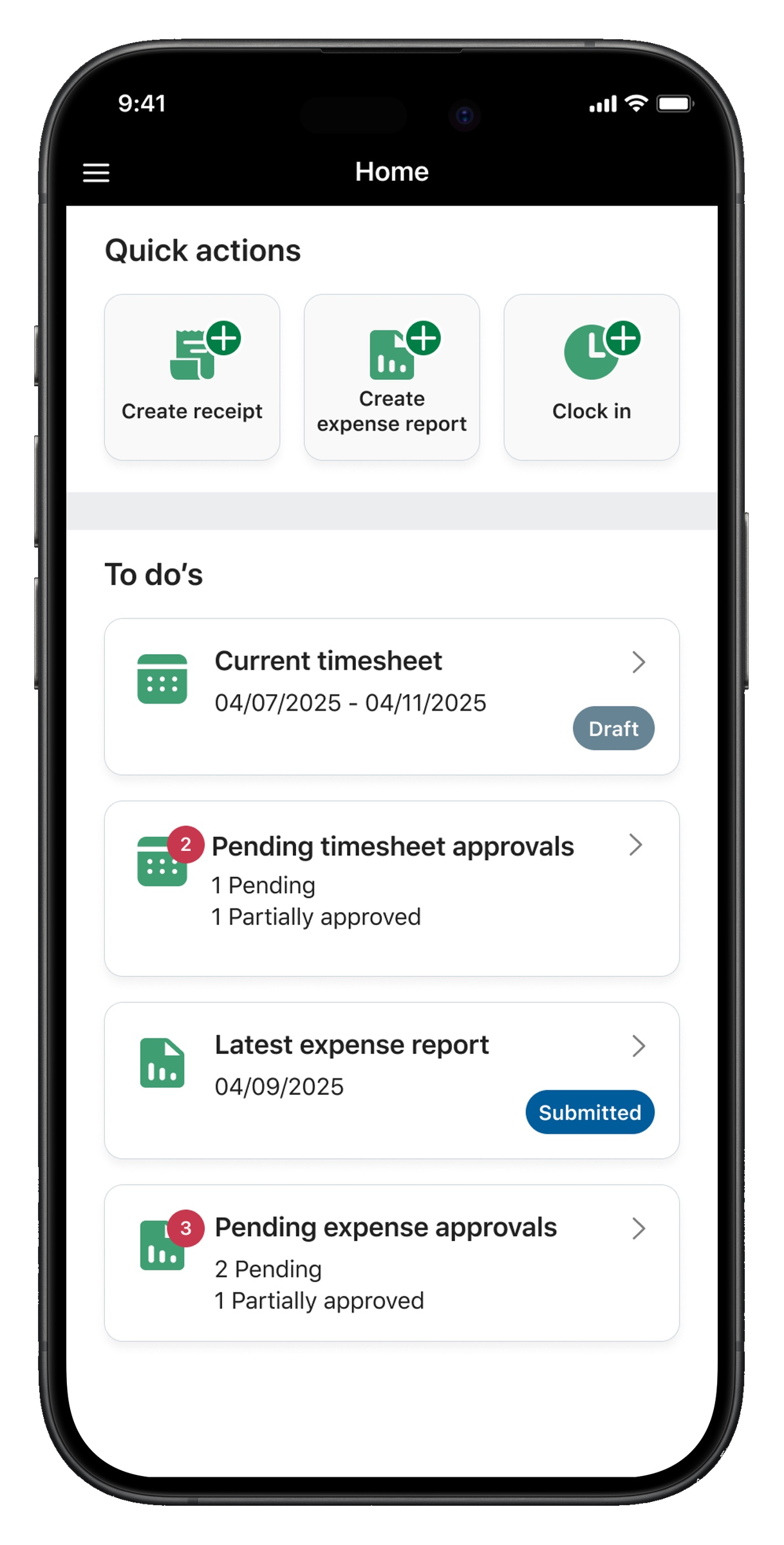 Sage Intacct Mobile home screen with quick actions and to-dos.