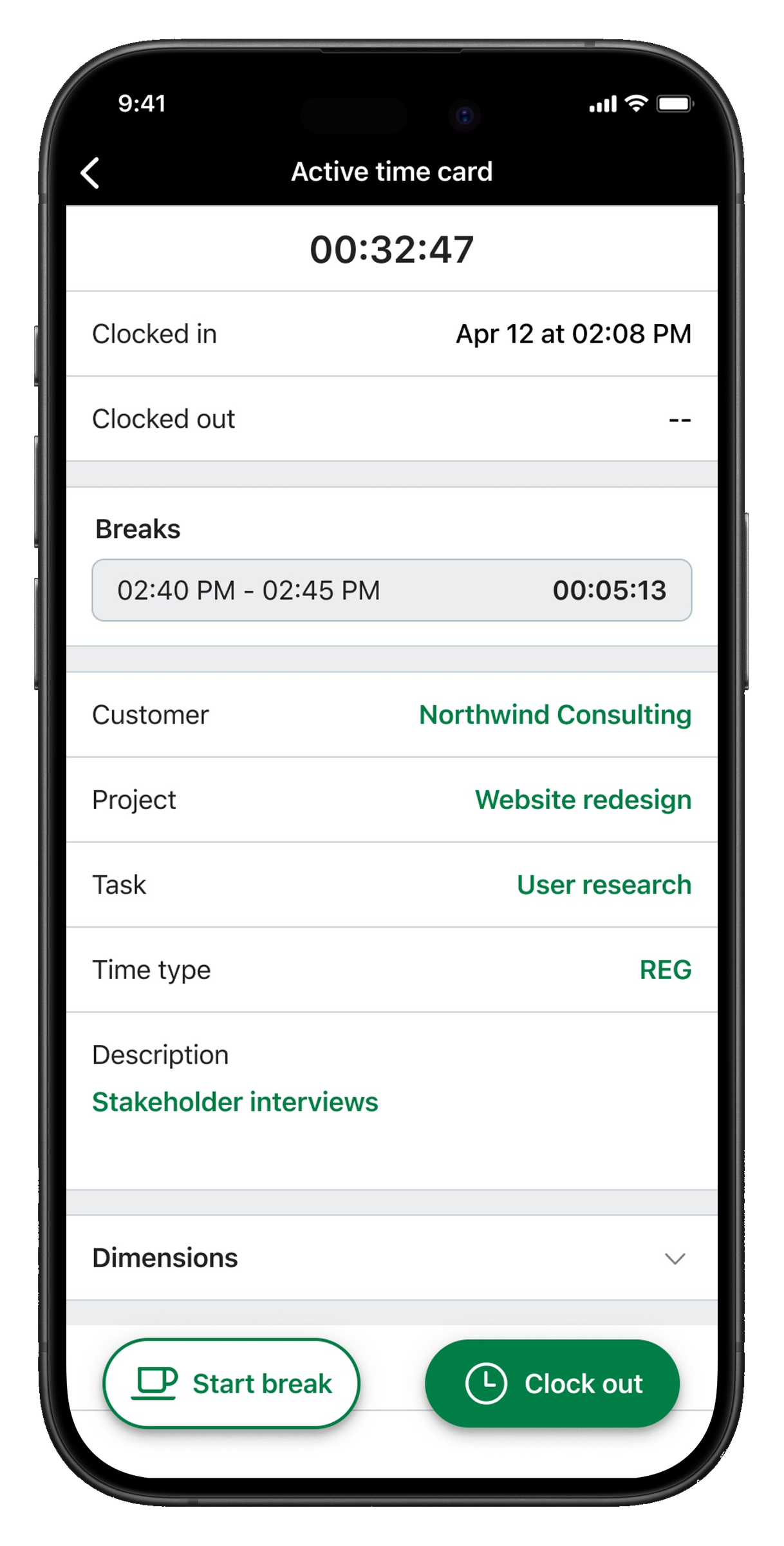 Active time card screen showing clocked-in status, breaks, and project details.