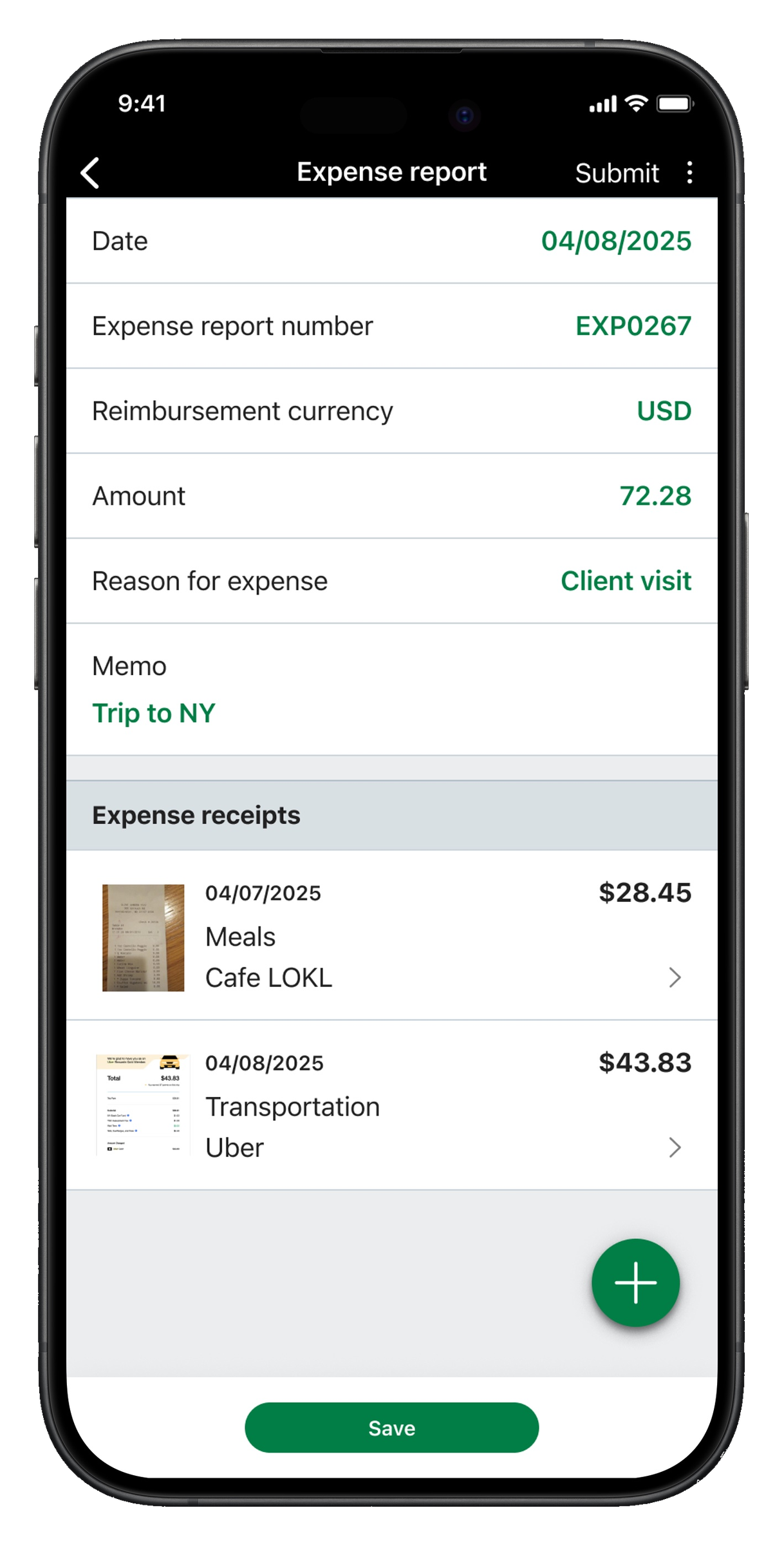 Expense report screen with line-item receipts and submit action.