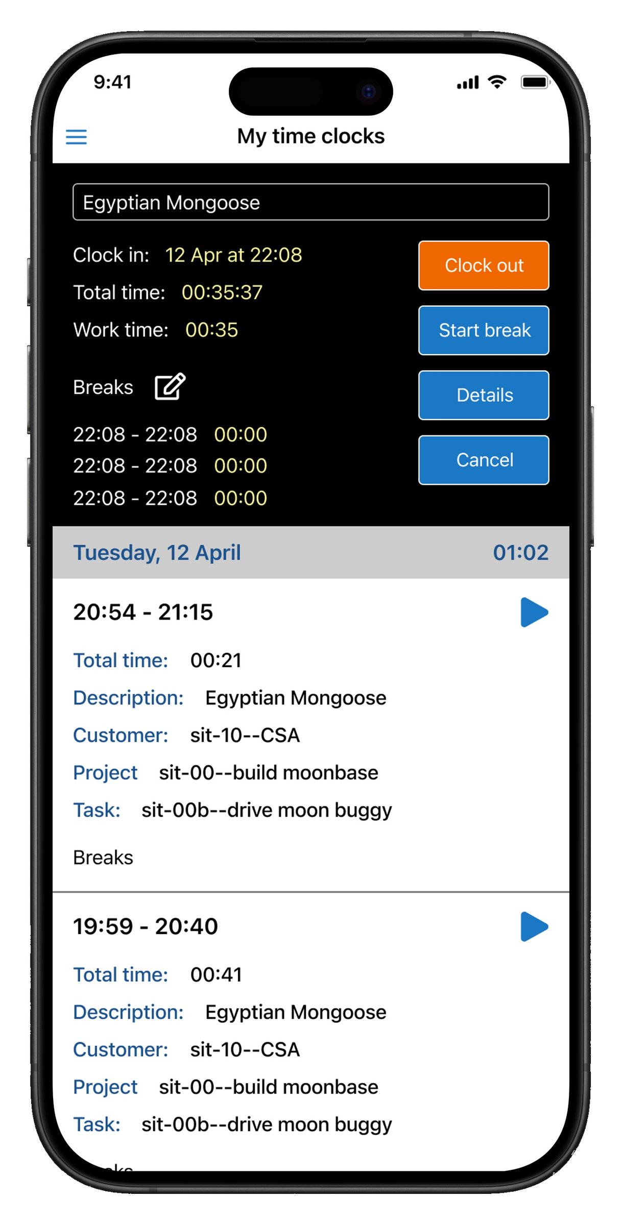 Legacy timesheet app with a dark active timer panel and dense list of time entries below.