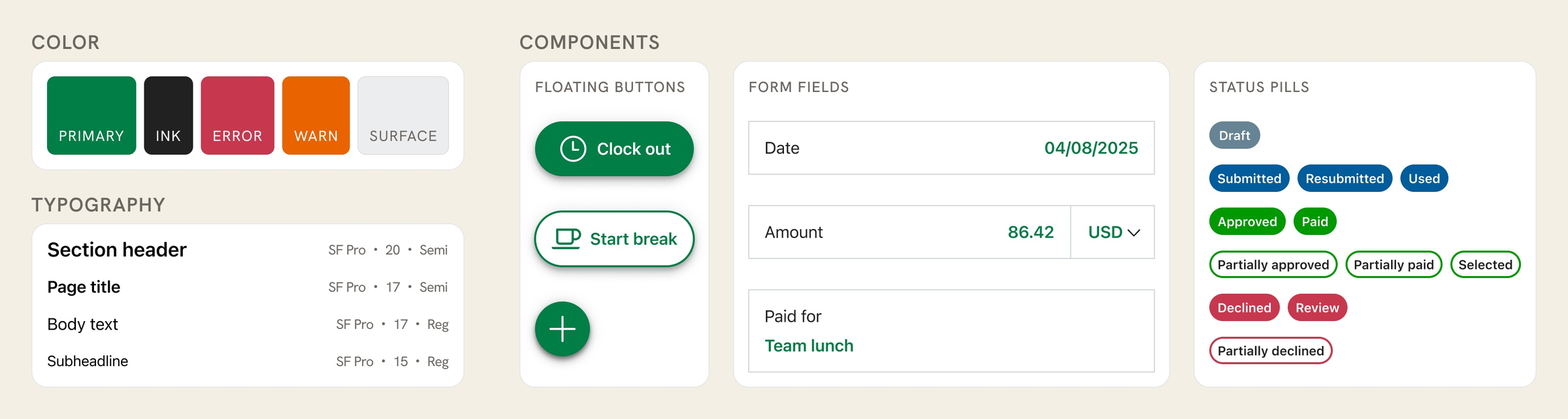 Design system specimen showing color tokens, typography scale, floating buttons, form fields, and status pills.