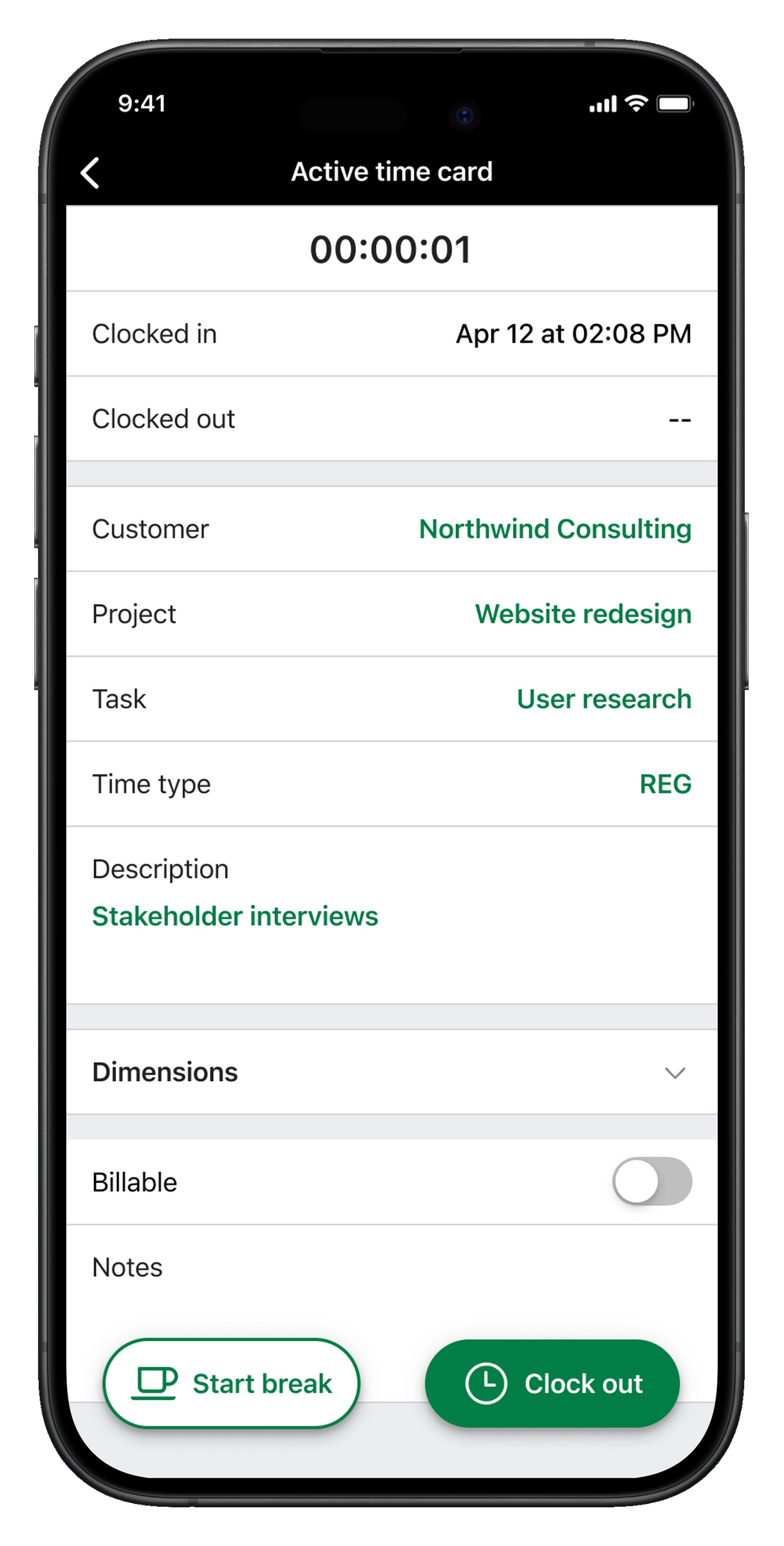 Active time card screen showing clocked-in status, project details, and clock-out action.