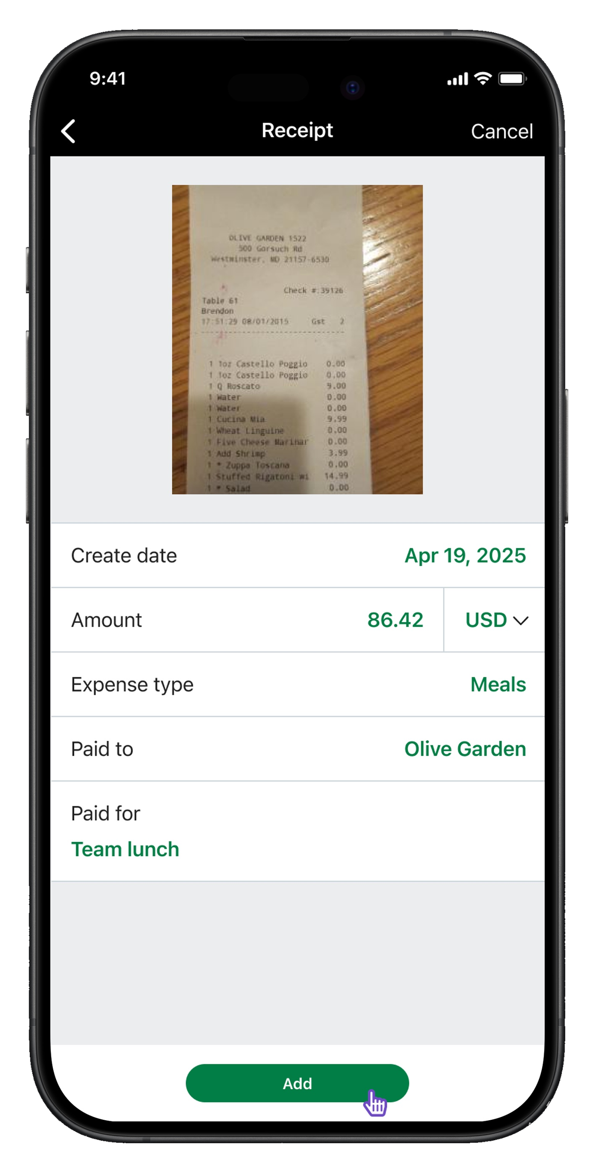 Receipt capture screen with photo, expense type, and paid-to fields.