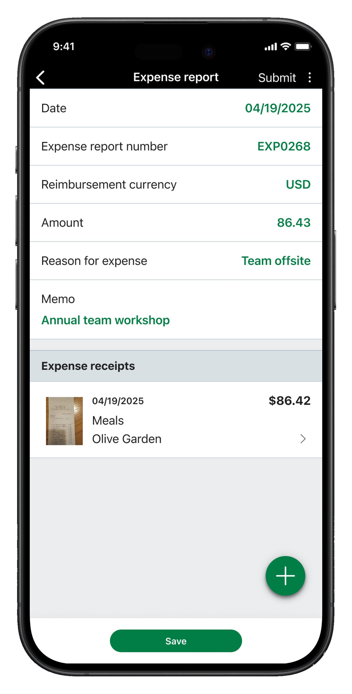 Expense report screen showing the new receipt added as a line item.
