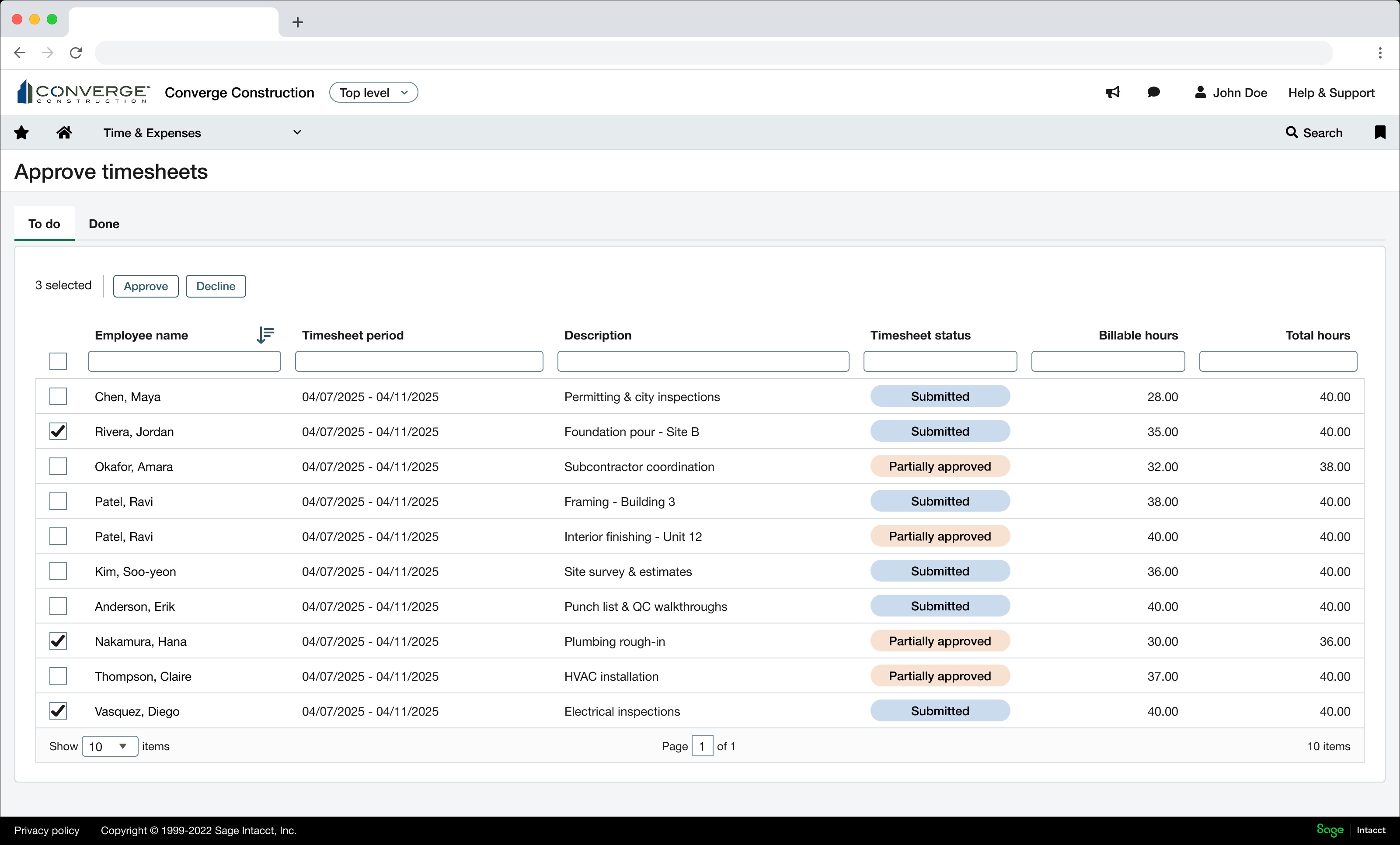 Redesigned timesheet approvals lister, showing employees grouped with submission status and hours.