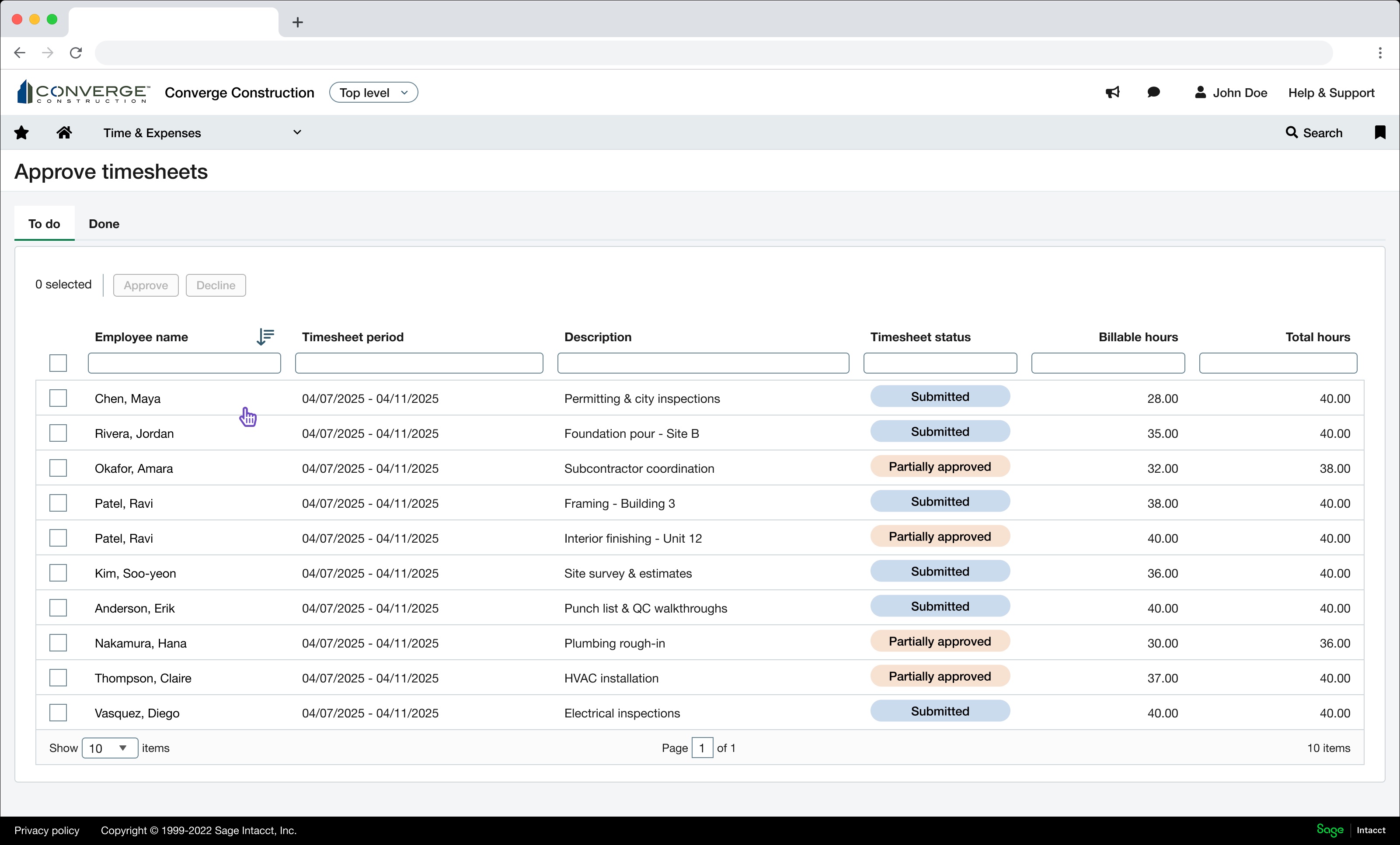 The timesheet lister with multiple rows selected for bulk approval.