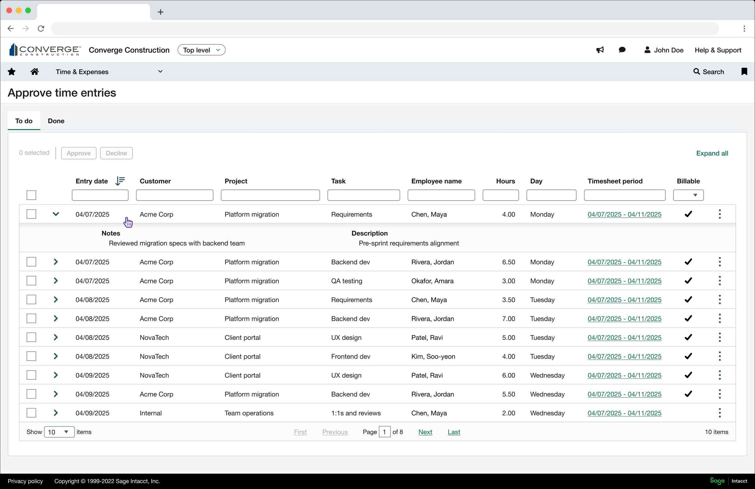 The time entries lister, with rows showing customer, project, task, and employee.