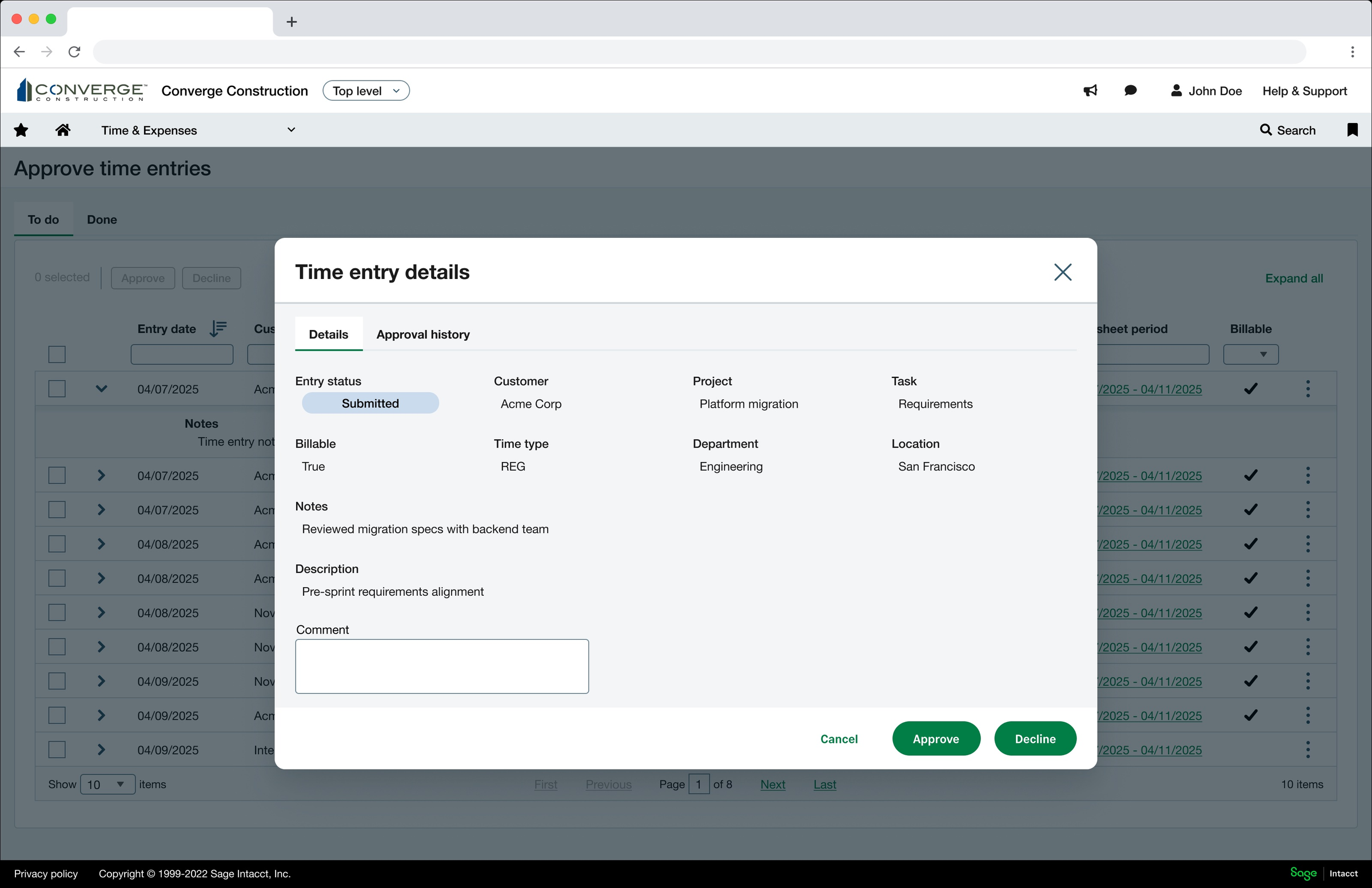The time entry detail modal, showing entry status, project, task, billable flag, and notes.